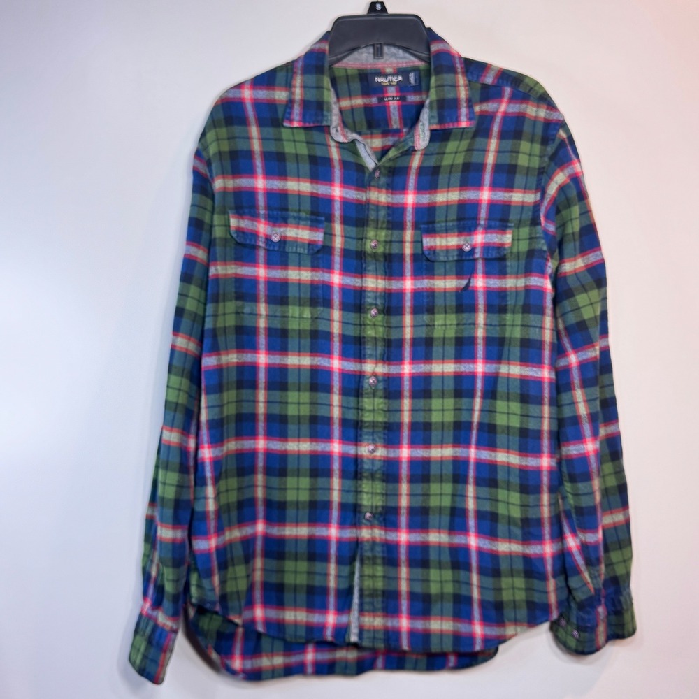 Nautica Slim‎ Fit Flannel Plaid Button Down Shirt Mens Large Preppy Casual Cozy